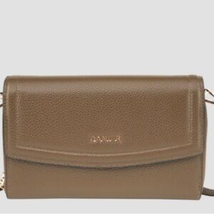 Danier Pebbled Leather Crossbody with Gold Logo in Truffle